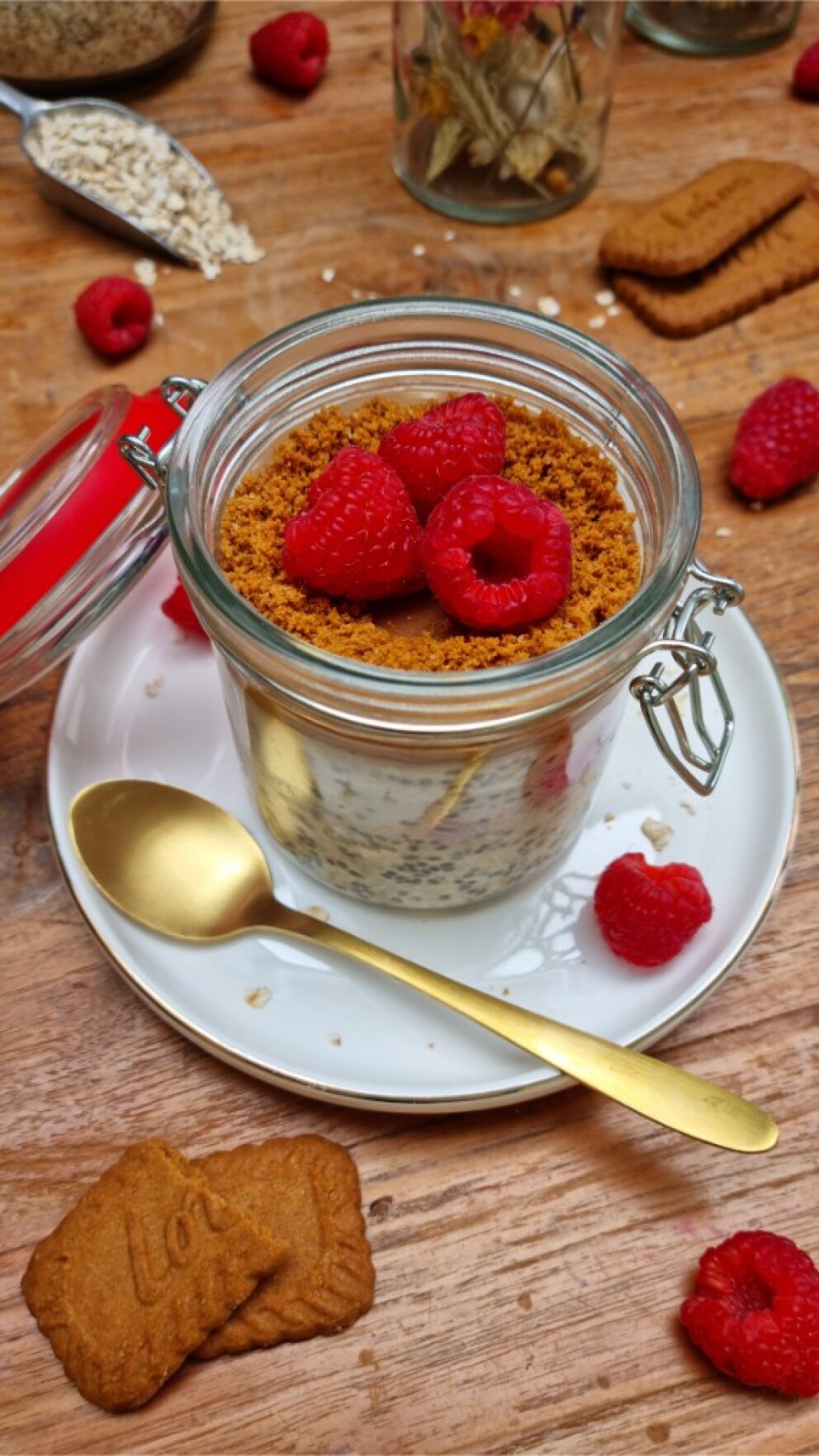 Framboos-speculoos overnight oats